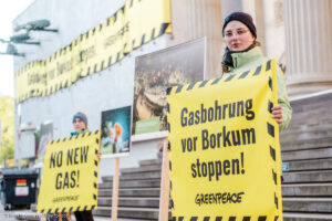 Aktivist:innen von Greenpeace demonstrieren für Schutz des Wattenmeers am niedersächsischen Landtag